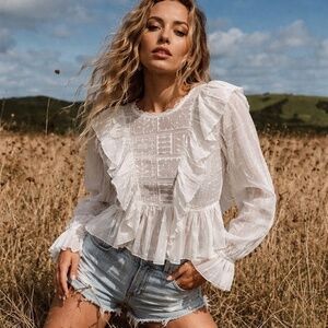 Boho Lace Ruffle Mesh Top XS Fairy Indie Coquette Romantic Sheer Blouse Festival